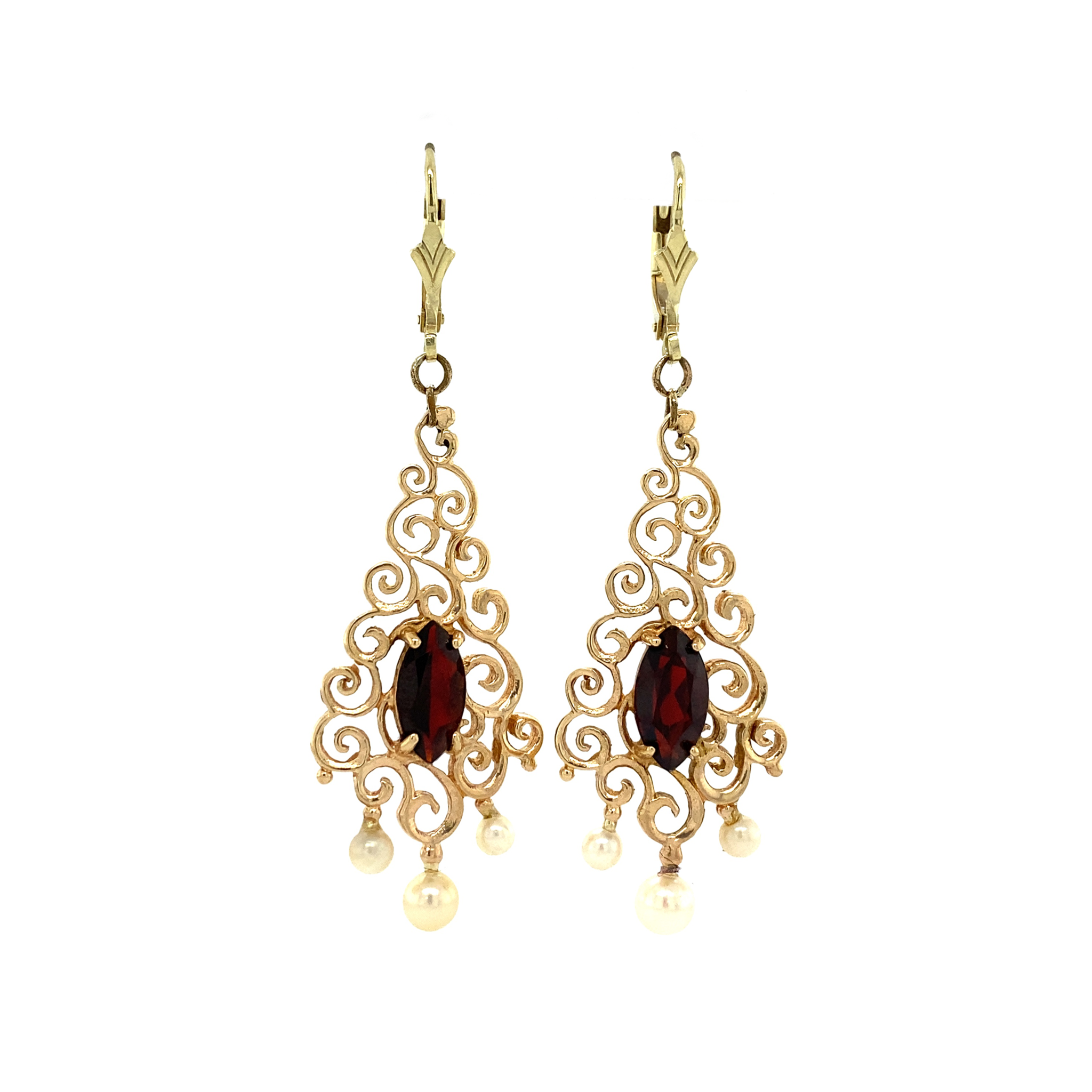 Vintage 14K Gold Drop Earring with Garnet and Pearl
